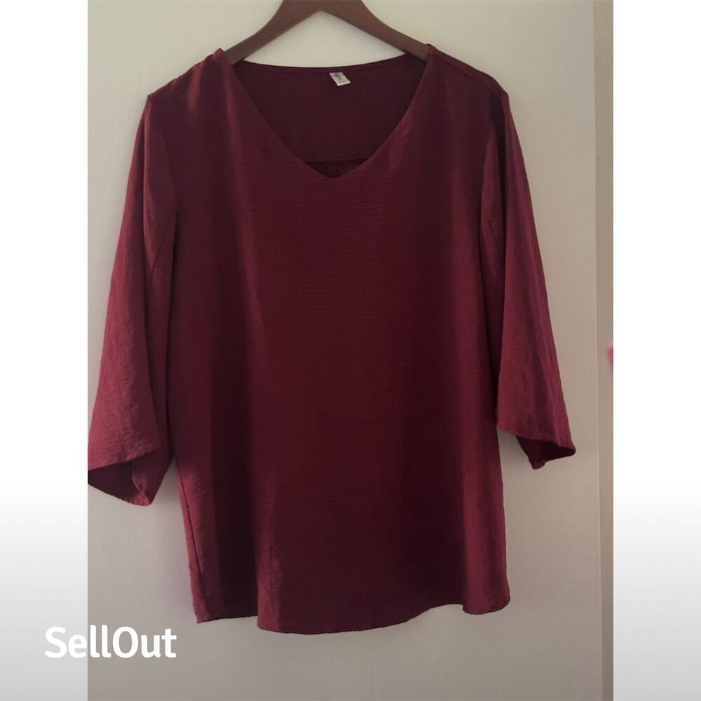 Women's V-Neck 3/4 Sleeve Blouse Red Size XL Casual